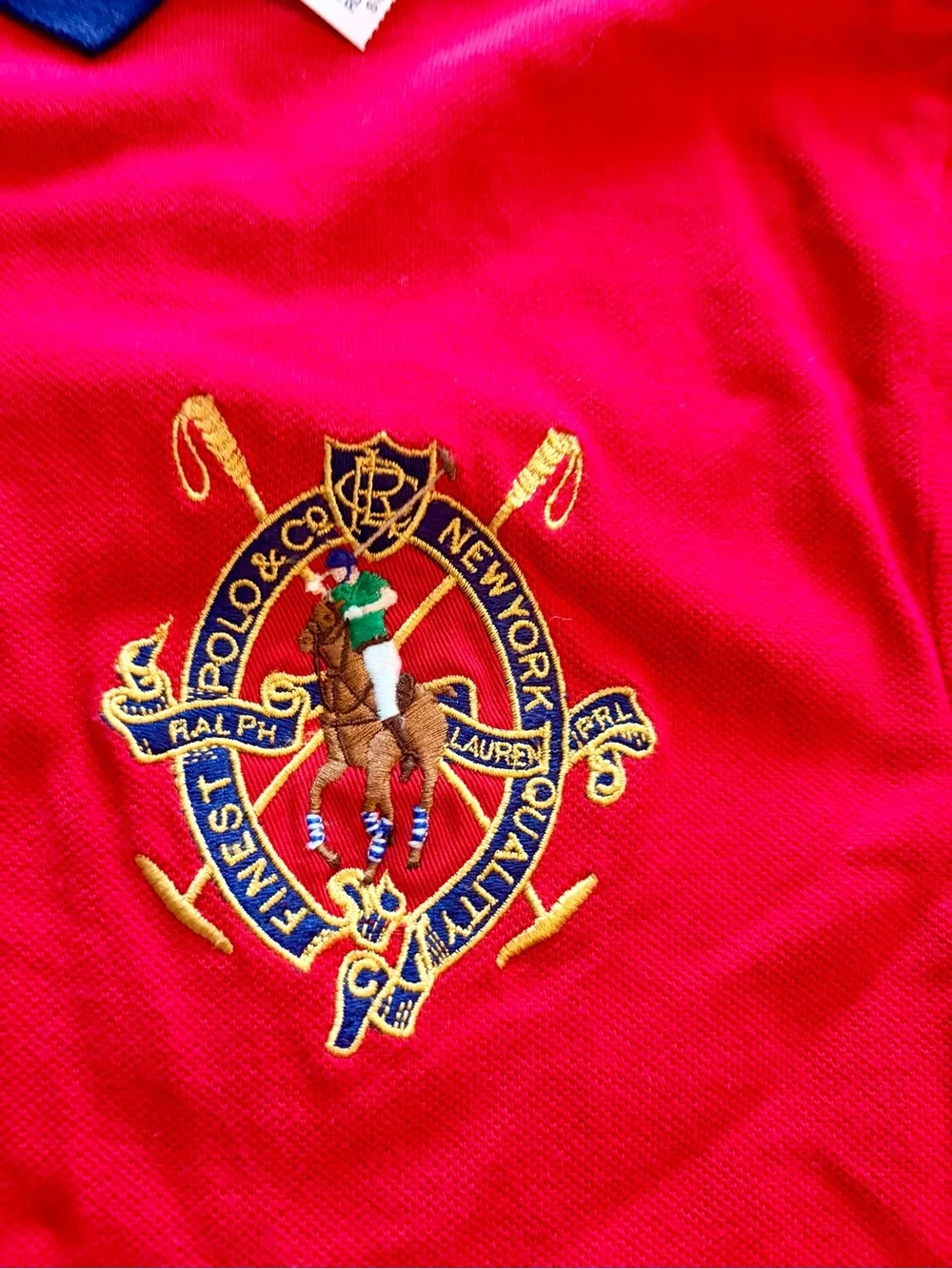 NWT Ralph Lauren Red Polo with Navy Contrast Collar and Crest. Custom Fit